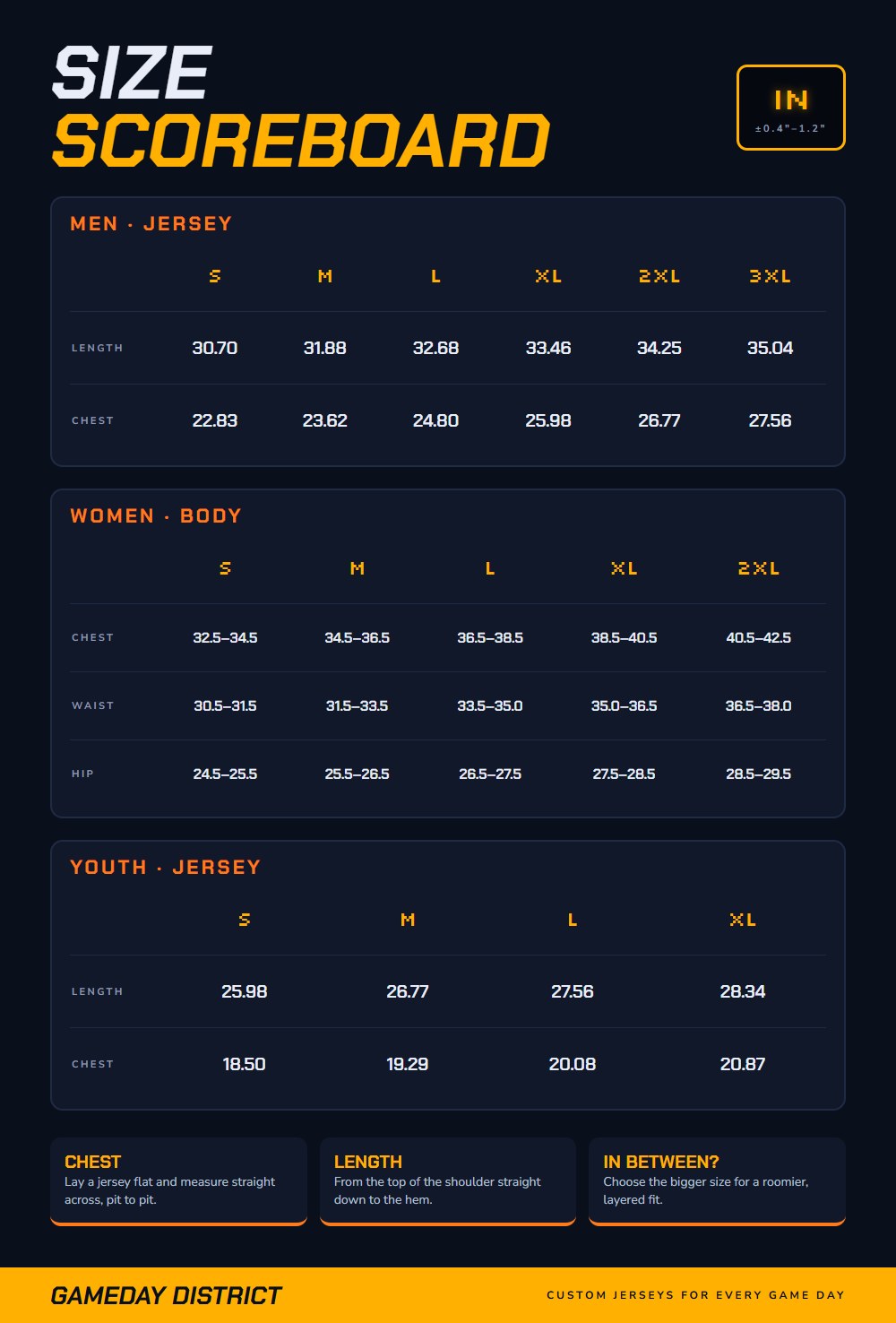 Jersey size chart