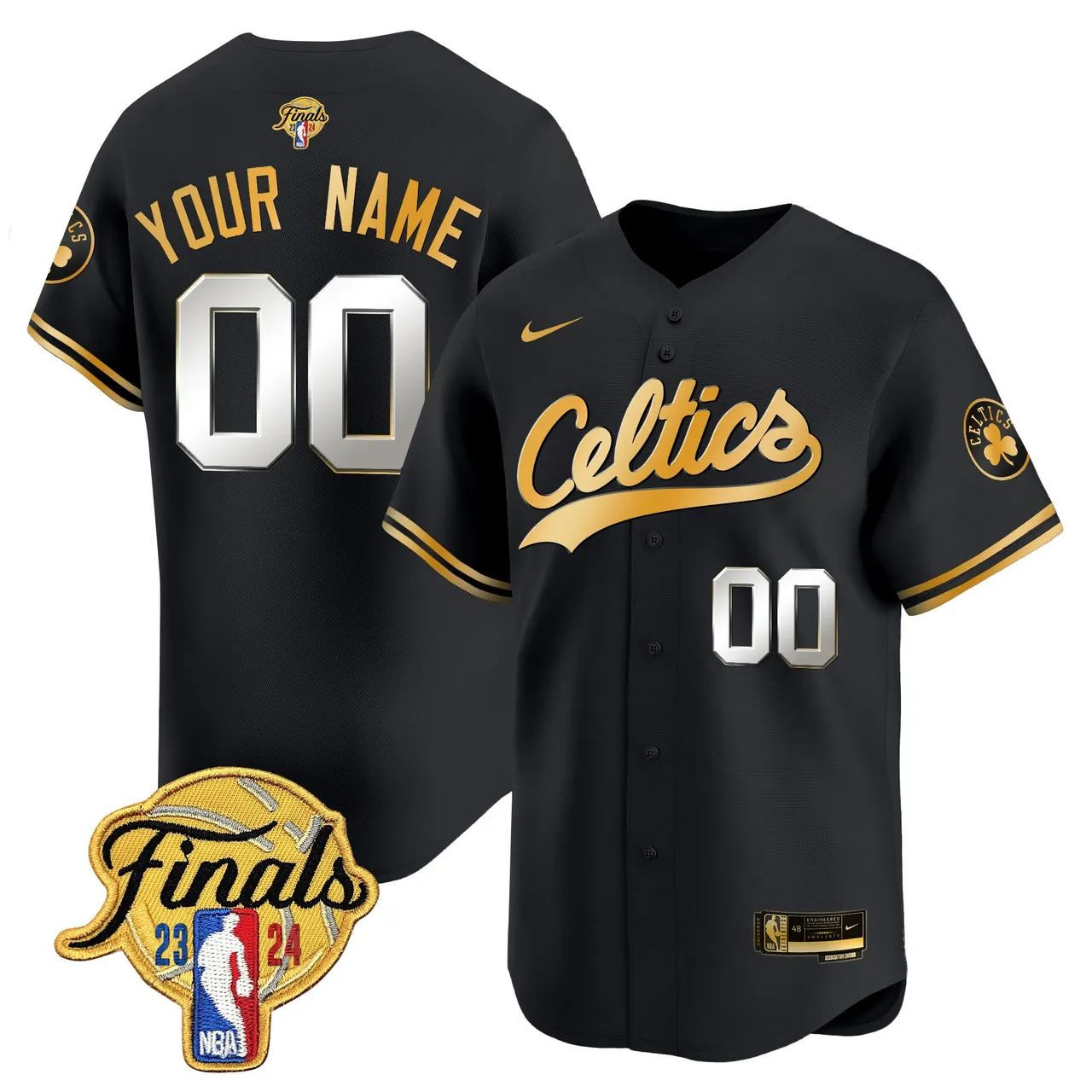 Boston Celtics 2024 NBA Finals Patch Trophy Patch Swingman Custom Jersey - Black Gold