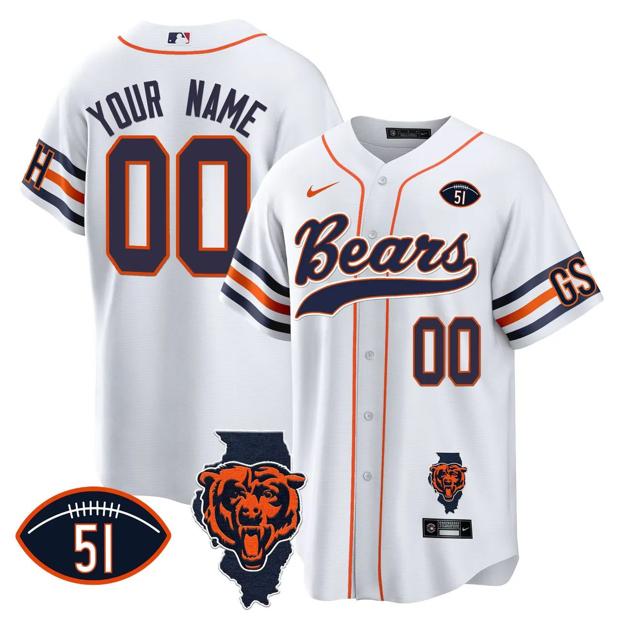 Chicago Bears Illinois Patch Limited Custom Jersey - White