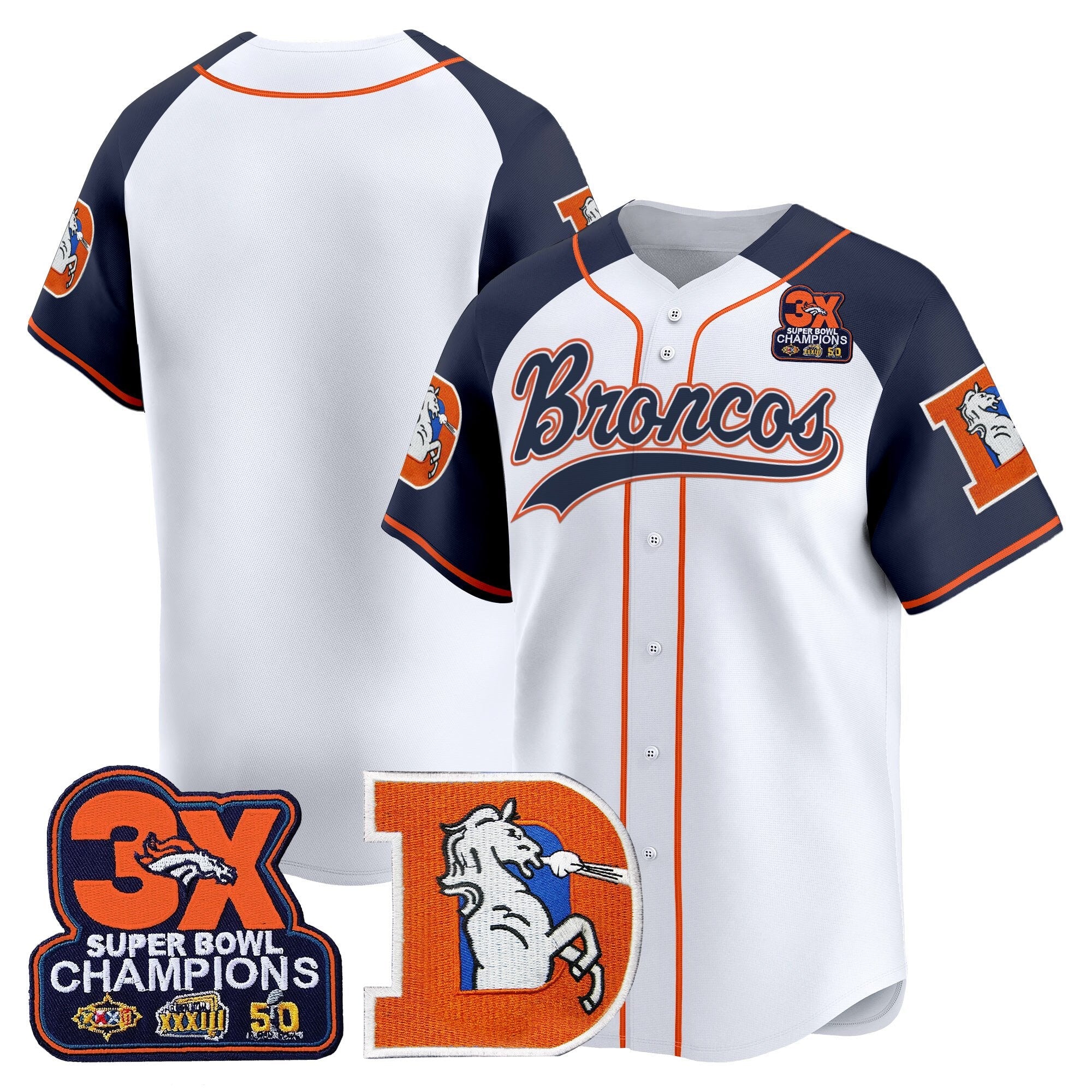 Denver Broncos Throwback Baseball Jersey Stitched - Navy Alternate