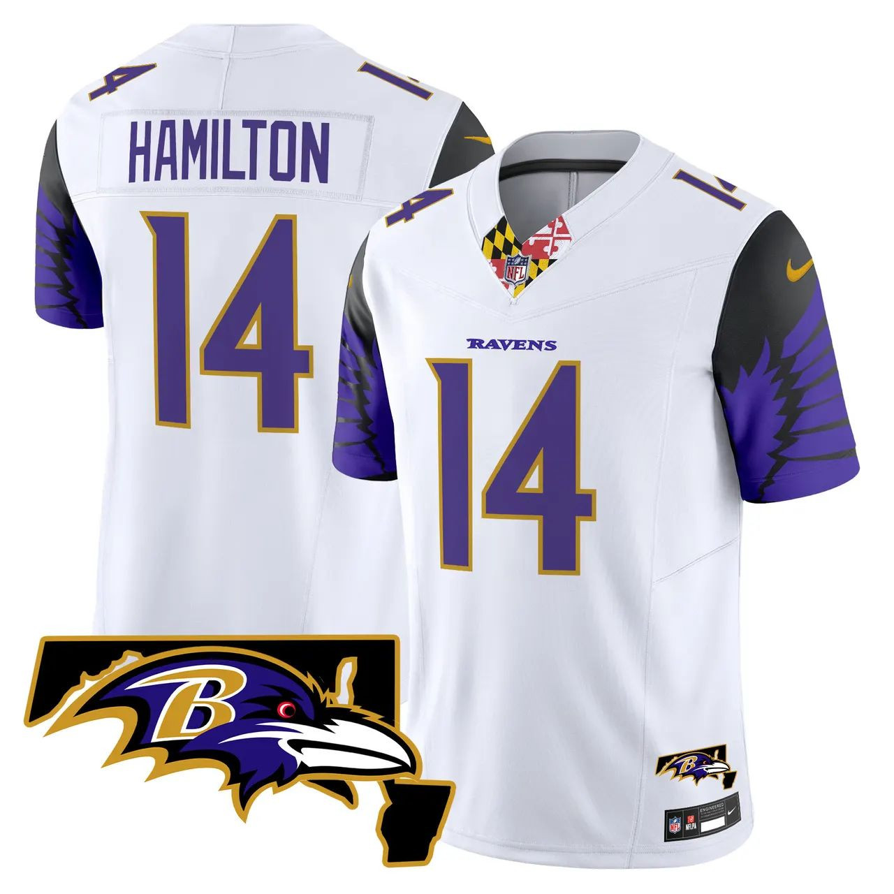 Kyle Hamilton #14 Baltimore Ravens Maryland Patch Limited Jersey - White